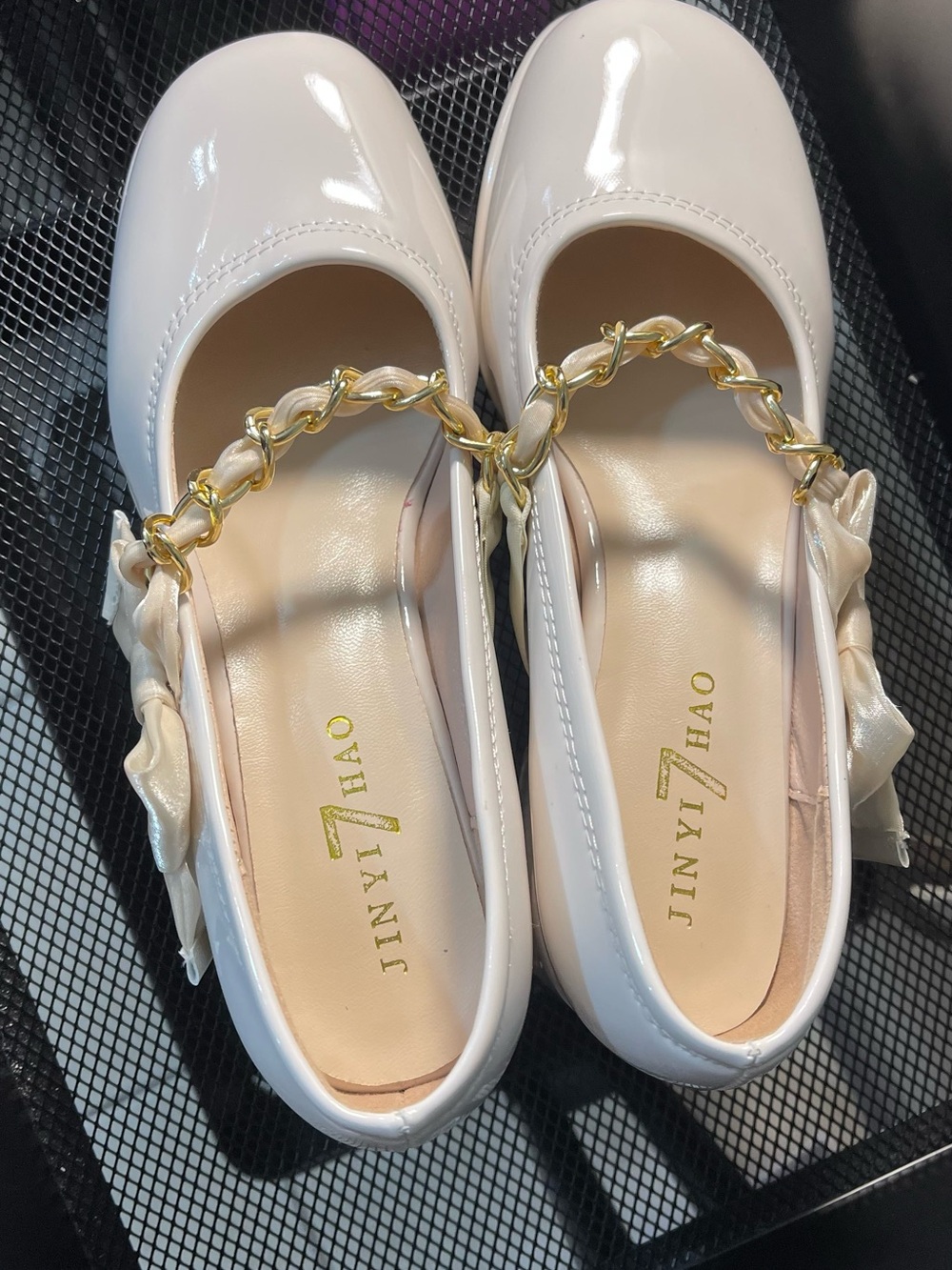 Cream Patent Mary Jane Flats with Gold Chain Accent